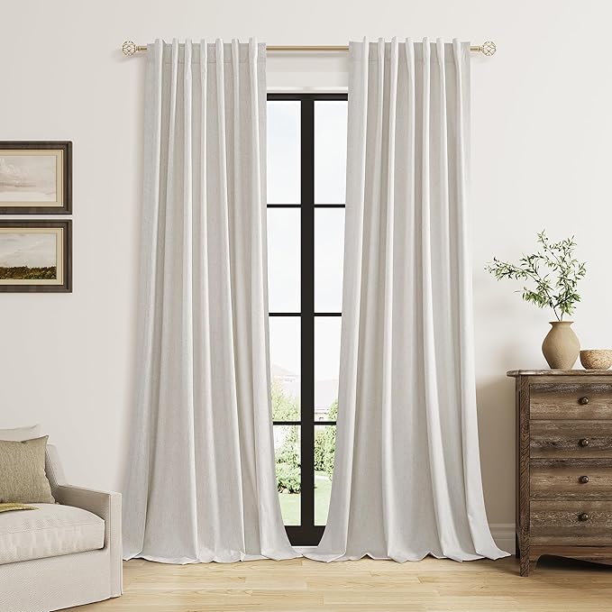 Guken 108 Inch Long Light Beige 100% Blackout Curtains for Living Room Bedroom Back Tab Thermal Insulated Netural Farmhouse Black Out Linen Drapes Room Darkening Window Curtain 2 Panels Set, 9 FT