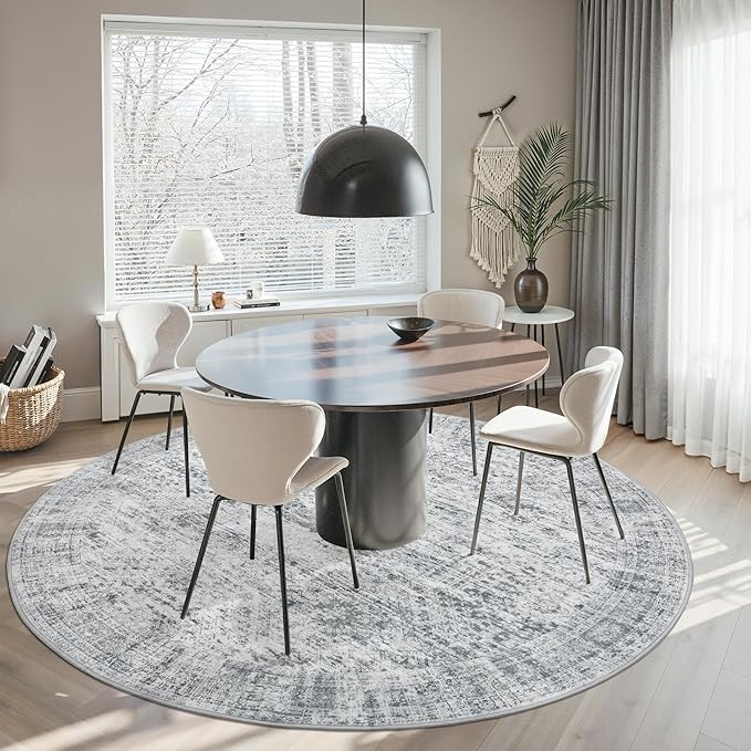 8x8 Grey Round Rug 8ft Living Room Circle Rug Vintage Round Area Rug Non Slip Indoor Carpet for Apartment