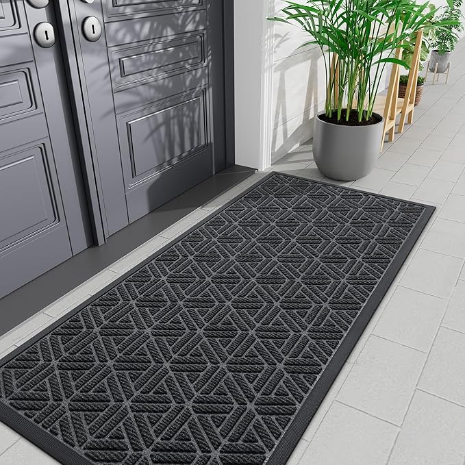 Smiry Front Door Mat Outside Entrance, Heavy Duty Sturdy Natural Rubber Doormat, Trap Dirt and Moisture, Easy Clean Low Profile Mats for Indoor Outdoor Entry, Grid Geometric (71x23, Grey)