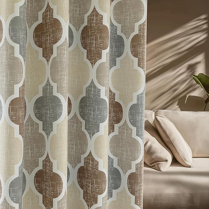 Beauoop 100% Blackout Curtains 96 Inches Long 2 Panels for Bedroom Living Room Brown Grey Moroccan Geo Room Darkening Thermal Insulated Soundproof Grommet Top Window Treatments Drapes, 50x96 Set of 2