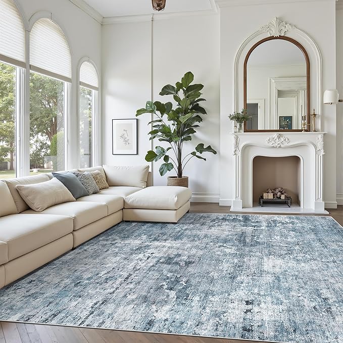 Soalmost Area Rug 10x12 Vintage Washable Living Room Large Carpet Non Slip Bedroom Indoor Office Dining Room Low Pile Thin Rug Blue/Grey
