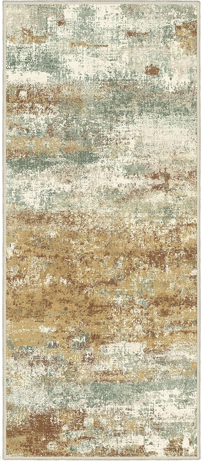 BEIMO Runner Rug for Hallway Kitchen, 2'6"x6' Machine Washable Runners Rug for Entryway, Soft Modern Abstract Throw Rugs, Low Pile Floor Cover with Non Slip Backing, Orange Green