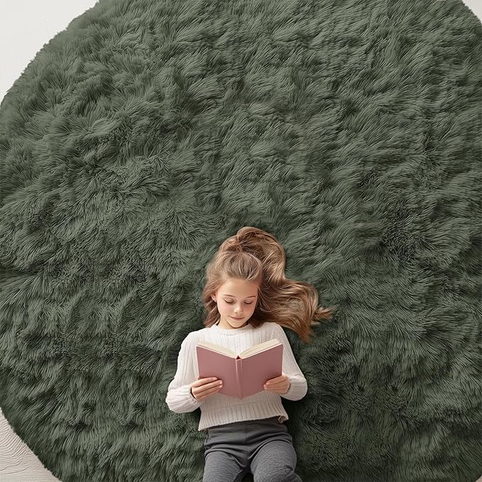 OLANLY Olive Green Round Rugs for Bedroom - Machine Washable, 9 ft Circle Area Rugs for Living Room, Soft and Fluffy Shaggy Carpet for Teen Girl and Boys, Nursery Rooms, Dorms, Home Decor Aesthetic