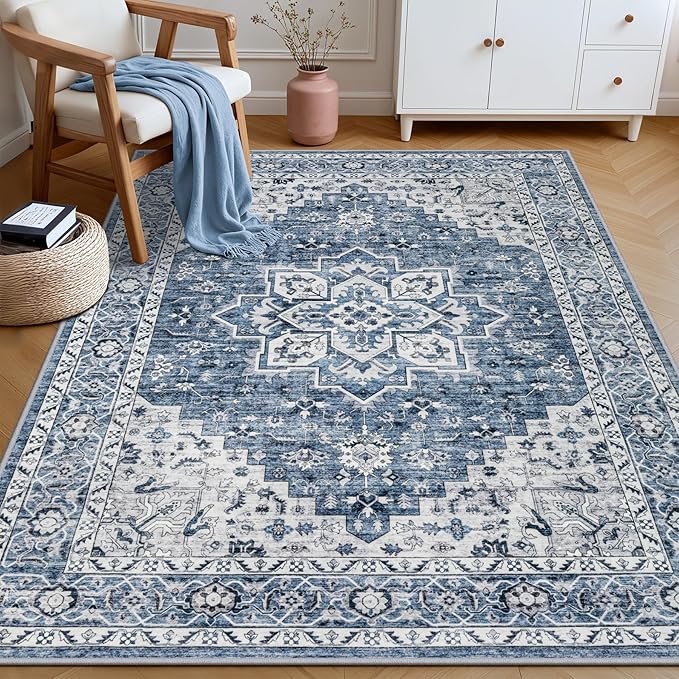 4x6 Area Rugs for Living Room: Washable Rug Soft Vintage Boho Medallion Carpet Indoor Floor Non-Slip Stain Resistant Large Carpets for Bedroom Dining Room Farmhouse Nursery Home Office Blue