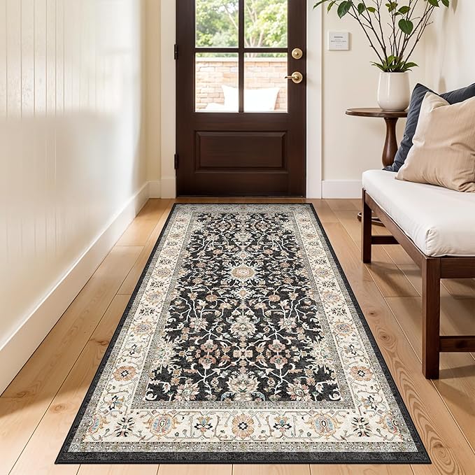 Washable 3x6 Hallway Runner Rug: Non-Slip Low Pile Rug for Hallway Kitchen Stain Resistant Soft Floor Mat Indoor Durable Lightweight Carpet for Bathroom Living Room Bedroom Entryway (Black, 3x6)
