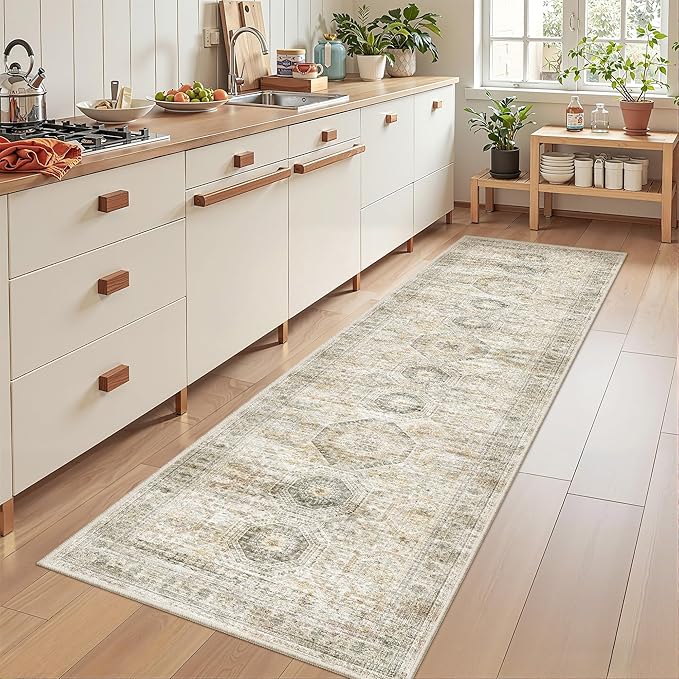 Rug Runners for Hallways Non Slip - 2x8 Runner Rug for Bedroom, Washable Runner with Rubber Backing, Soft Low-Pile Carpet for Kitchen, Laundry, Bathroom (2'x8', Grey/Yellow)
