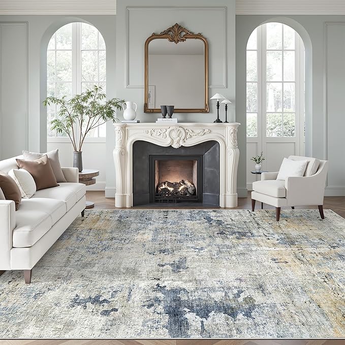 Abstract Rug 8x10 Large Living Room Rugs Neutral Modern Washable Area Rugs for Bedroom Dining Room Non-Slip Stain Resistant Foldable Thin Rug Blue Yellow
