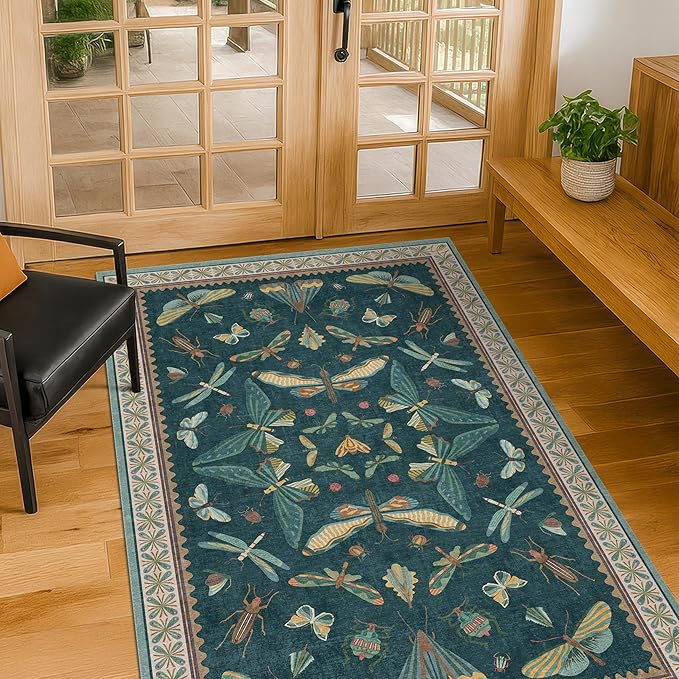 Teal 3x4 Entryway Rug - Washable Door Rug Indoor for Large Kitchen, Living Room, Thin & Foldable Low Pile Insect Décor
