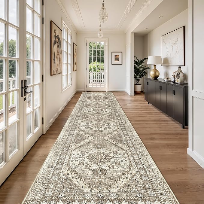 Washable Runner Rug 2.5x14, Non-Slip Long Kitchen Mats for Floor, Vintage Rug for Entryway, Soft Hallway Runner for Dining Room, Bedroom, Living Room(Brown,2.5'x14')