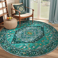 SERISSA Boho Round Area Rug, 4ft Washable Non-Slip Circle Rug, Ultra Soft Oriental Vintage Teal Low-Pile Small Circular Carpet for Bedroom Entryway Kids Room Office College Dorm Living Room