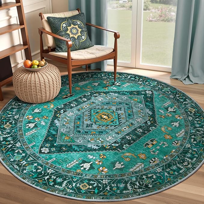 SERISSA Boho Round Area Rug, 4ft Washable Non-Slip Circle Rug, Ultra Soft Oriental Vintage Teal Low-Pile Small Circular Carpet for Bedroom Entryway Kids Room Office College Dorm Living Room