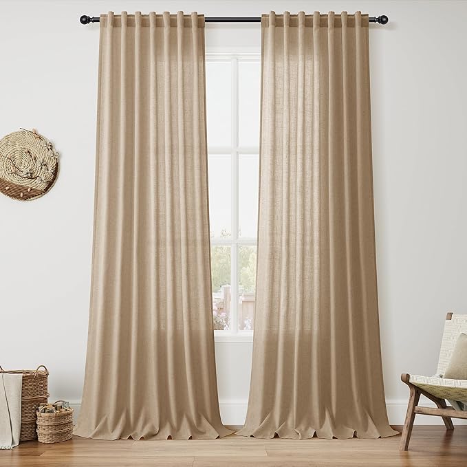 Sand Beige Linen Curtains for Living Room 94 Inches Long Simple Modern Light Filtering Semi Sheer Curtain Back Tab Rustic Farmhouse Luxury Home Decor Drapes for Bedroom Dinner Room 52x94, 2 Panels
