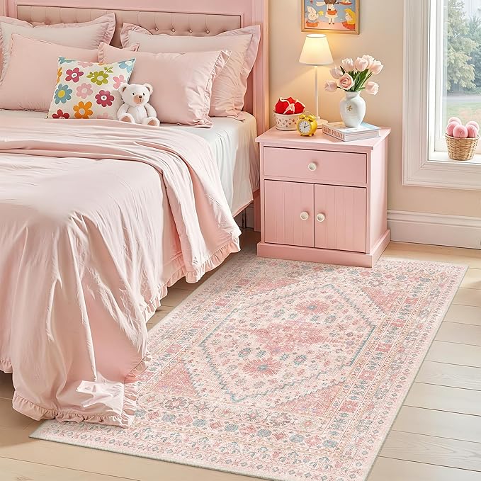 zesthome Pink Rug - 4x6 Area Rugs for Bedroom, Stain Resistant Washable Rugs for Nursery Room, Living Room, Home Decor, Girls Rug (Pink/Blue,4'x6')