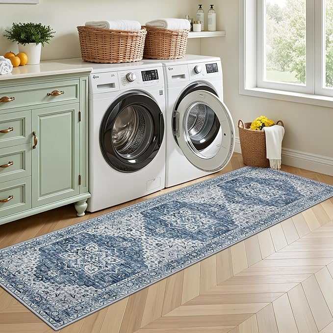 Hallway Runner Rug Non Slip - Washable 2.6x8 Kitchen Rugs for Living Room, Low-Pile Soft Bedroom Rug Indoor Floor Stain Resistant Carpets for Entryway, Laundry, Bathroom Blue