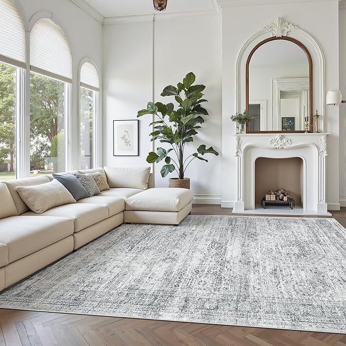 Soalmost 9x12 Area Rugs for Living Room, Non Slip Machine Washable Vintage Rugs, Low Pile Lightweight Large Rug for Bedroom, Dining Room, Home Office Grey