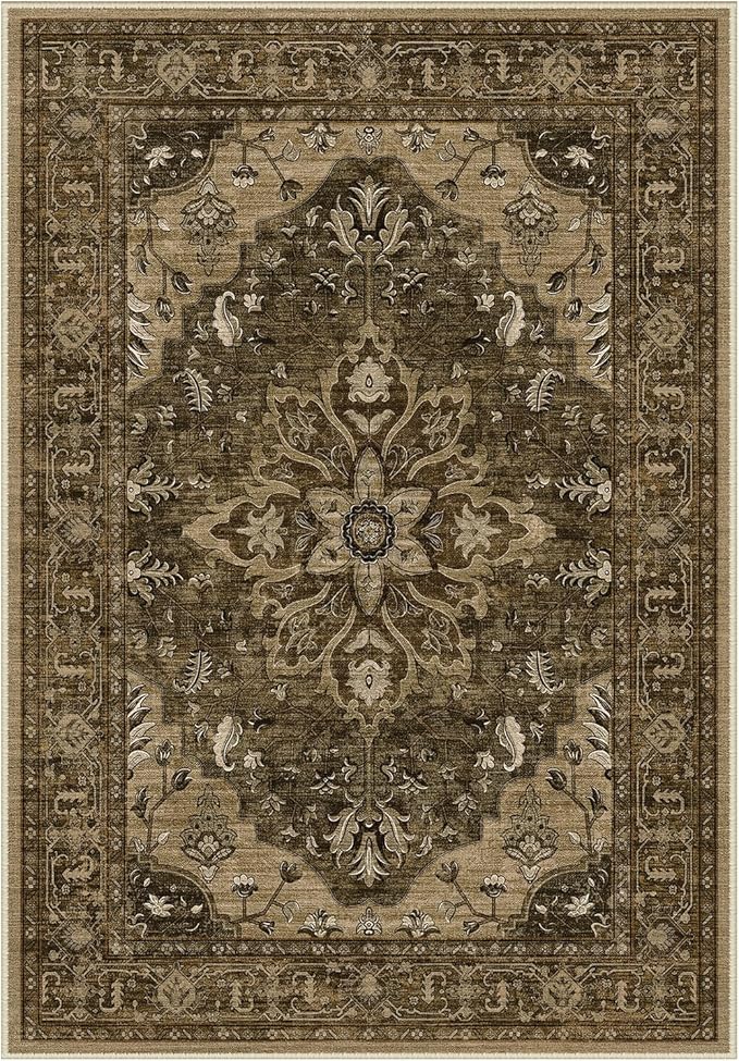 Area Rugs Round 8ft Washable Non-Slip, Floral Vintage Distress Print Pattern Medallion Carpet for Living Room Bedroom Dining Room, Brown Dark Brown