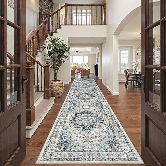 Madane Hallway Runner Rug 3x16 - Vintage Non Slip Washable 16ft Kitchen Runner for Entrance Soft Long Carpet Runners for Living Room Bathroom Low Pile Floor Mat for Bedroom Dining Room, Blue