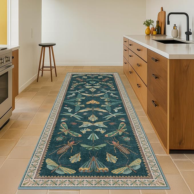 Hazo Haus Wide Runner Rug for Hallway 2'6"x8' - Green Runner Rug for Kitchen, Hall Way, Washable Foldable Boho Insect Deor