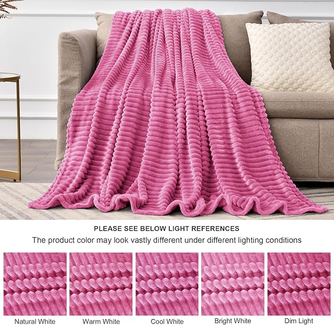 BEDELITE Fleece Throw Blanket for Couch – 3D Ribbed Jacquard Soft and Warm Decorative Fuzzy Blanket – Cozy, Fluffy, Plush Lightweight Hot Pink Throw Blankets for Bed, Sofa, 50x60 inches