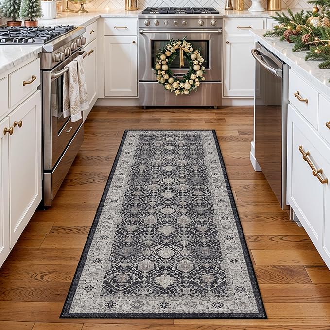 Hallway 2x5 Washable Runner Rug: Oriental Stain Resistant Kitchen Entryway Rugs Farmhouse Ultra Soft Bathroom Bedroom Print Floor Mat Thin Non Slip Indoor Carpet for Living Room Laudry(2X5,Black)