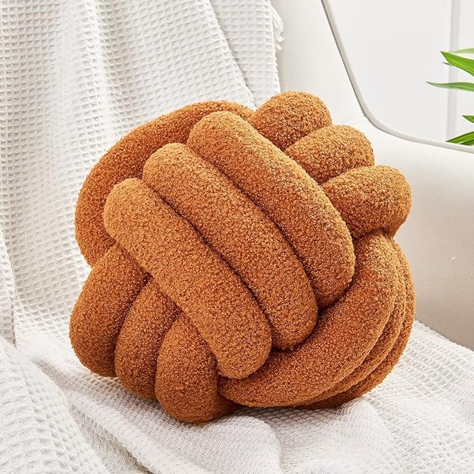 Uvvyui Knot Pillow Ball, Soft Home Decorative Pillows, Round Throw Pillow, Handmade Knotted Plush Pillow, Round Boucle Pillow Cushion (14 Inches Caramel)