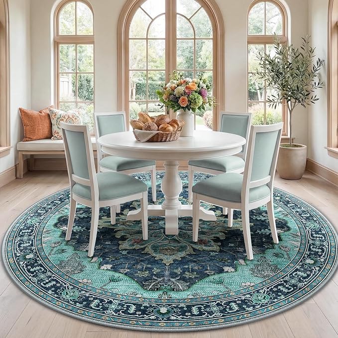 Area Rugs 7ft Washable Non-Slip, Floral Vintage Distress Print Pattern Medallion Carpet for Living Room Bedroom Dining Room, Teal Green Lake Blue Turquoise