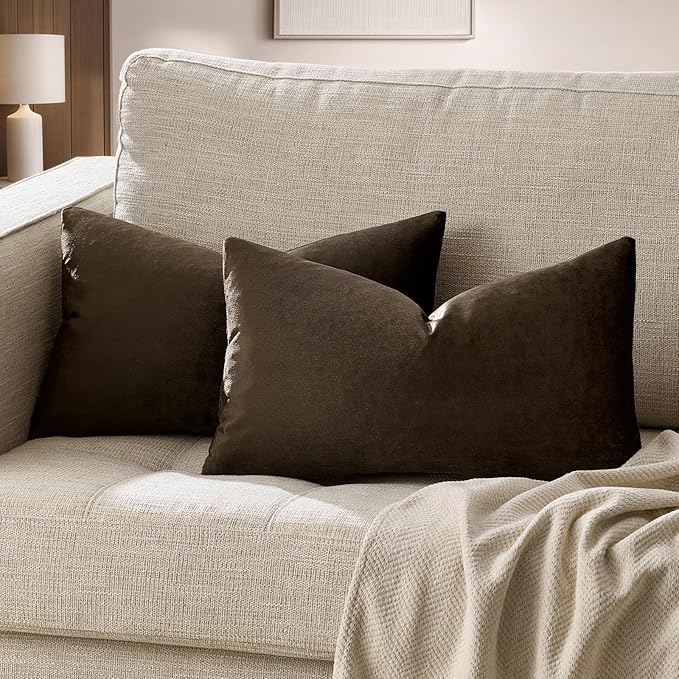 GIGIZAZA Brown Velvet Pillow Covers 12x20,Small Solid Throw Pillow Covers Decorative Modern Pillows Lumabr Vintage Cases Pack of 2