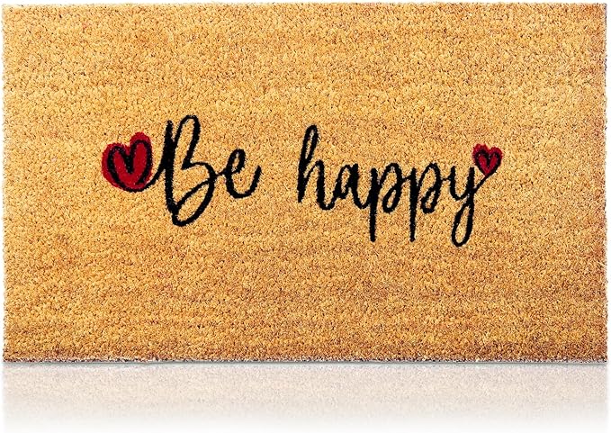 Be Happy - 17"x29" - Coir Door Mat with Heavy Duty Backing - Welcome Mats for Entryway, Porch - Anti-Slip PVC & Coconut Fiber Surface - Natural Home Accessories, Minimalist Original Design