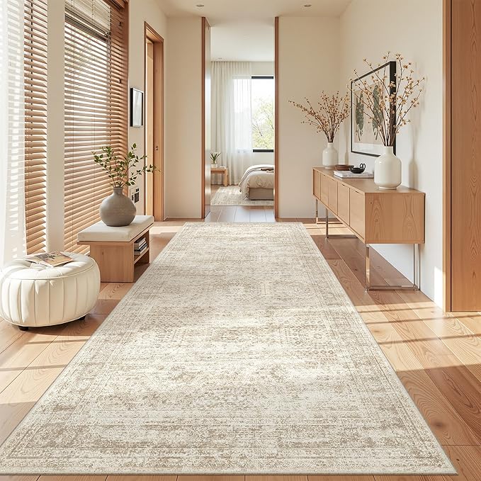 4x8 Rug for Bedroom,Wide Runner Rug for Hallway, Non Slip Washable Runner Rug for Living Room, Low Pile Soft Entryway Kitchen Rug, Modern Home Decor Mat for Dining Room(4'x8', Beige/Ivory)