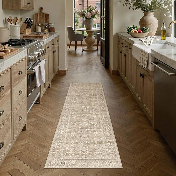 2x5 Washable Runner Rug for Hallway Kitchen Vintage Beige Non Slip Low Pile Carpet Traditional Retro Soft Throw Rug for Bathroom Bedroom Entryway Indoor Entrance