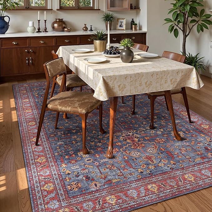 Washable Area Rug 4' x 6' Vintage Traditional Persian Mat - Foldable Distressed Non-Slip Machine Washable Carpet for Living Room Bedroom Kitchen Home Decor - Indigo and Crimson