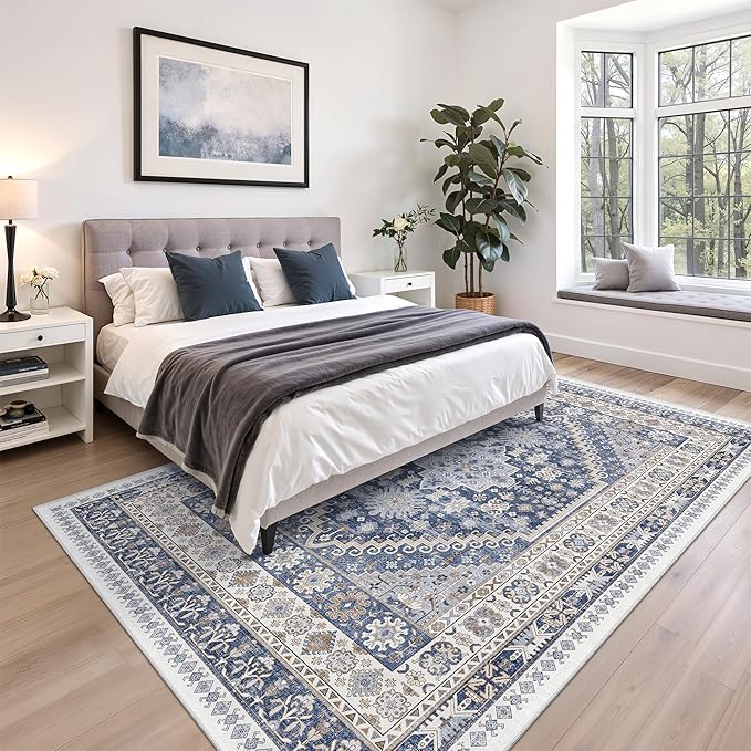 zesthome 7x9 Area Rug, Super Soft Washable Rugs for Living Room, Non-Slip Stain Resistant Vintage Rugs, Ultra-Thin Large Area Rugs (Blue/Beige,7'x9')