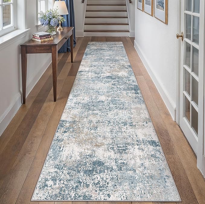 Blue 2x8 Runner Rug Washablel Abstract Hallway Carpet Modern Neutral Non Slip Soft Carpet Low Pile Contemporary Aesthetic Long Rug for Bathroom Laundry Kitchen Bedroom
