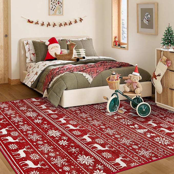 Christmas Rug 4x6 Washable Rugs, Boho Christmas Tree Snowflake Rug Non-Slip Soft Low Pile Non Shedding Indoor Holiday Carpet for Living Room Bedroom Dining Room Home Office (XmasRed, 4'x6')