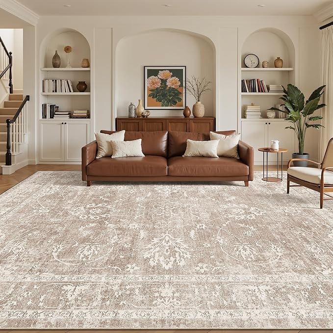 Madane 8x10 Area Rugs for Living Room, Machine Washable Vintage Rug with Non-Slip Backing, Soft Floral Print Large Throw Rugs, Thin Carpet for Bedroom Dining Room Farmhouse (8 x 10, Brown/Sand)