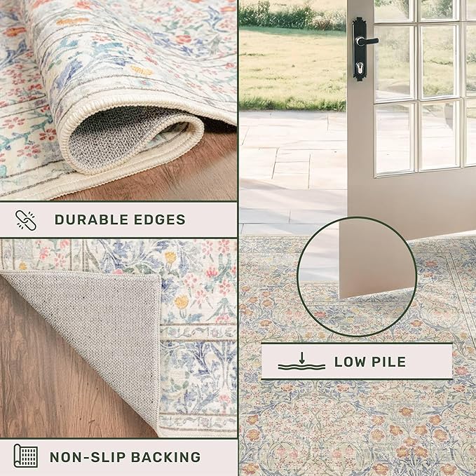 Vintage Washable Beige Blue 10x12 Rug for Living Room - Extra Large Area Rug for Dining Room Under Table, Bedroom - Botanical Floral Design with Purple Accent, Non-Slip Lightweight Soft Low Pile