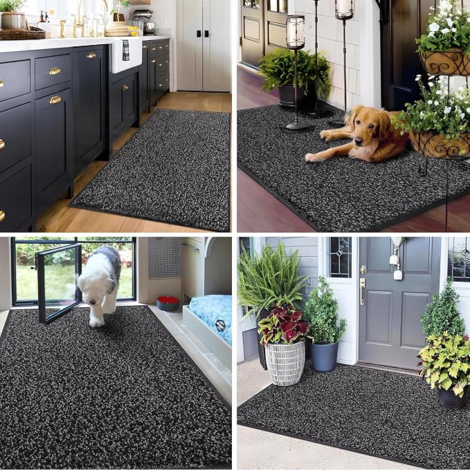Mibao Front Door Mat, Dirt Trapper Welcome Mat for Outdoor Indoor, Non-Slip Waterproof Doormat, Durable Machine Washable Low Profile Entry Rug for Back Door Outside Patio Porch, 72" x 24", Black