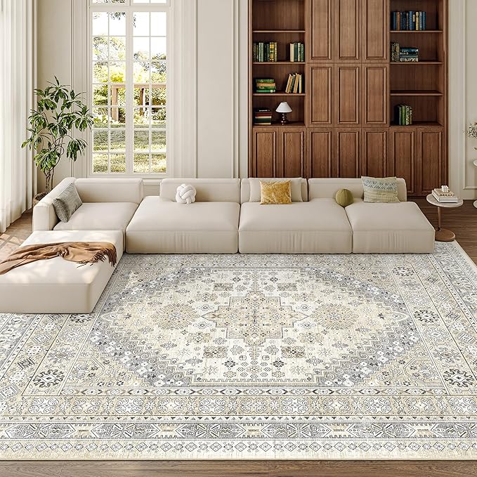 zesthome 9x12 Area Rugs,Stain Resistant Washable Rug,Ultra-Thin Rugs for Living Room,Bedroom,Non-Slip Backing Home Decor Large Area Rug (Beige,9'x12')