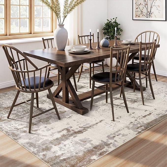 UERMEI 8x10 Area Rug Living Room Rugs - Washable Neutral Modern Abstract Soft Thin Rug Indoor Floor No Slip Rug Carpet for Bedroom Under Dining Table Home Office Decor - Brown/Grey/Beige
