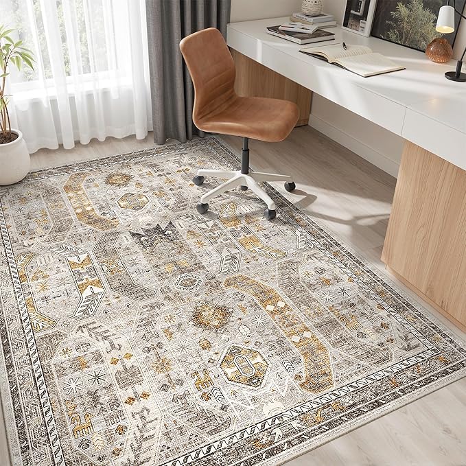 Madane 6x9 Area Rugs for Living Room, Stain Resistant Washable Rugs, Non-Slip Backing Area Rug, Vintage Home Decor Rug for Bedroom (Brown/Gold, 6'x9')