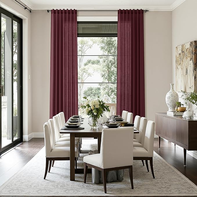Nanspring Burgundy Linen Curtains for Living Room 105 Inches Long Light Filtering Semi Sheer Curtain Back Tab Vintage Boho Decor Elegant Luxury Drapes for Bedroom Dinner Room 52x105, 2 Panels