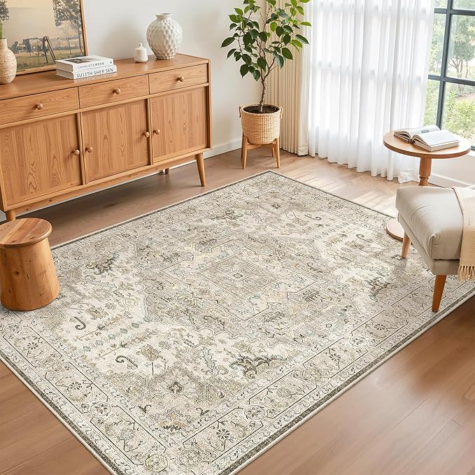 Madane Area Rug 3x5, Entryway Washable Printed Vintage Kitchen Carpet Non Slip Indoor Doormat for Living Room Laundry Room Bedroom Nursery Soft Thin Entry Floor Mat, Ivory/Brown