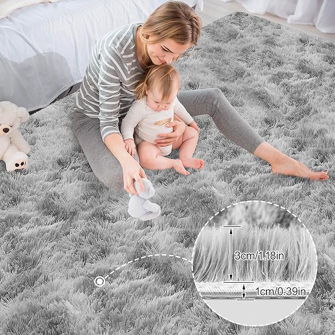 Large Area 8x10ft Carpet Tie-Dyed Grey Washable and Fluffy for Girls' Bedroom Bedside Rug
