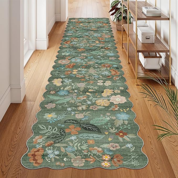 Washable 2'6x12 Hallway Runner Rug: Soft Entryway Kitchen Floral Runners Non Slip Water Resistant Nursery Bathroom Floor Mat Light Weight Carpet for Living Room Bedroom (2'6x12 Floral/Green)