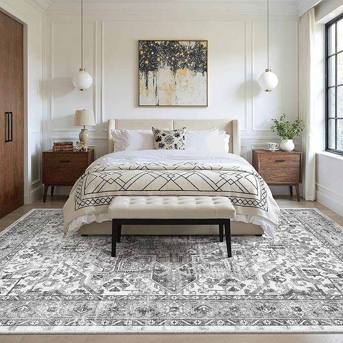 zesthome 6x9 Area Rug, Super Soft Washable Rugs for Living Room, Non-Slip Stain Resistant Vintage Rugs, Ultra-Thin Large Area Rugs (Grey/White,6'x9')
