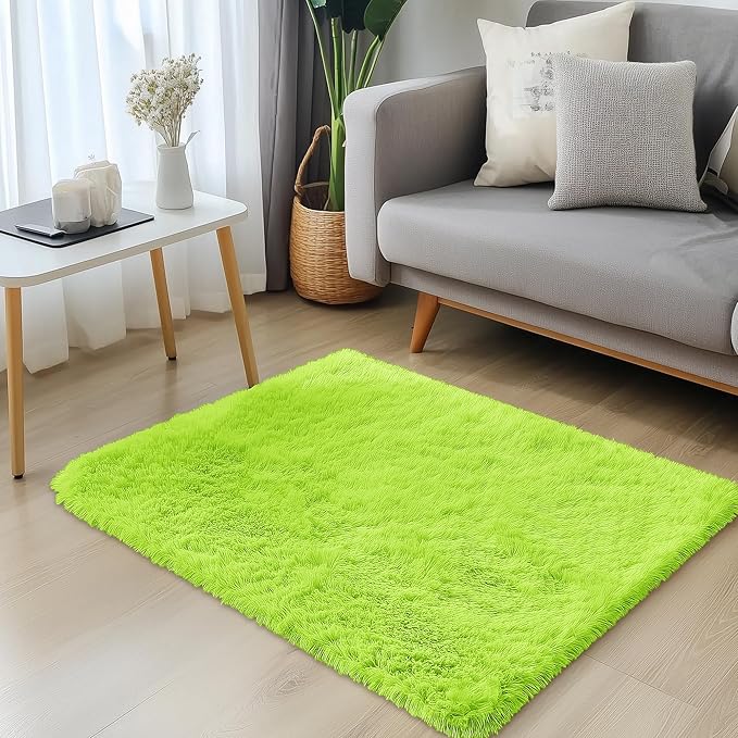 OLANLY 2x3 Machine Washable Small Bedside Rug, Soft Fluffy Shaggy Entryway Throw Rugs for Bedroom, Living Room, Indoor Floor Carpet for Kids Girls and Boys, Home Decor Aesthetic, Lime Green