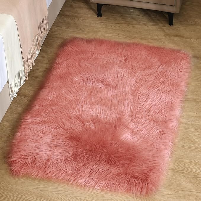 Goolela Pink Fluffy Fur Rug Fuzzy Furry Faux Sheepskin Pink Carpet 2x3 for Girls Bedroom Bedside Playroom Small Decor Cute Plush Washable Rectangle
