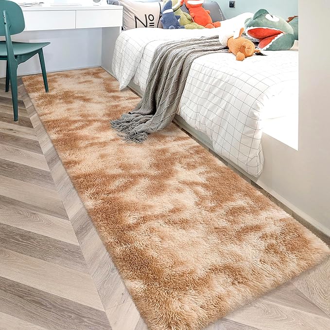 Super Soft Fluffy Living Room Area Rugs 2x10 ft Tie-Dyed Beige Shaggy Furry Carpet Washable Non-Slip Floor Rug Bedroom Bedside Nursery Rug Fuzzy Girls Boy Reduce Noise Dorm Home Decor
