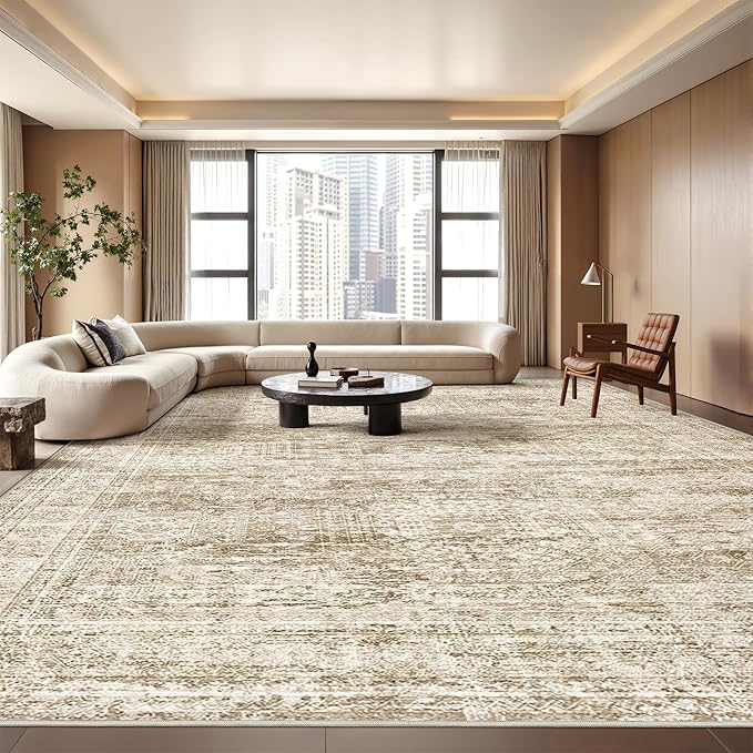 8x10 Area Rugs for Living Room, Non-Slip Backing Large Washable Rug for Nursery Room, Vintage Abstract Bedroom Rugs, Thin Indoor Home Decor Soft Farmhouse Rug (8'x10', Brown/Ivory)