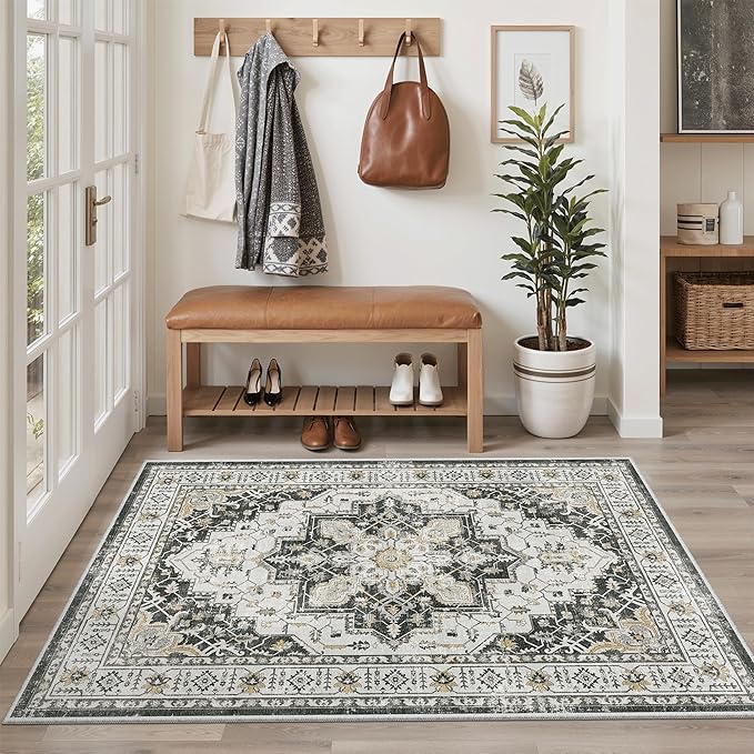 Madane Area Rug 4x6 Washable Rugs: Vintage Living Room Rug Soft Low Pile Non Slip Area Rugs Distressed Indoor Floor Carpet for Bedroom Kitchen Dining Room Home Decor, Black